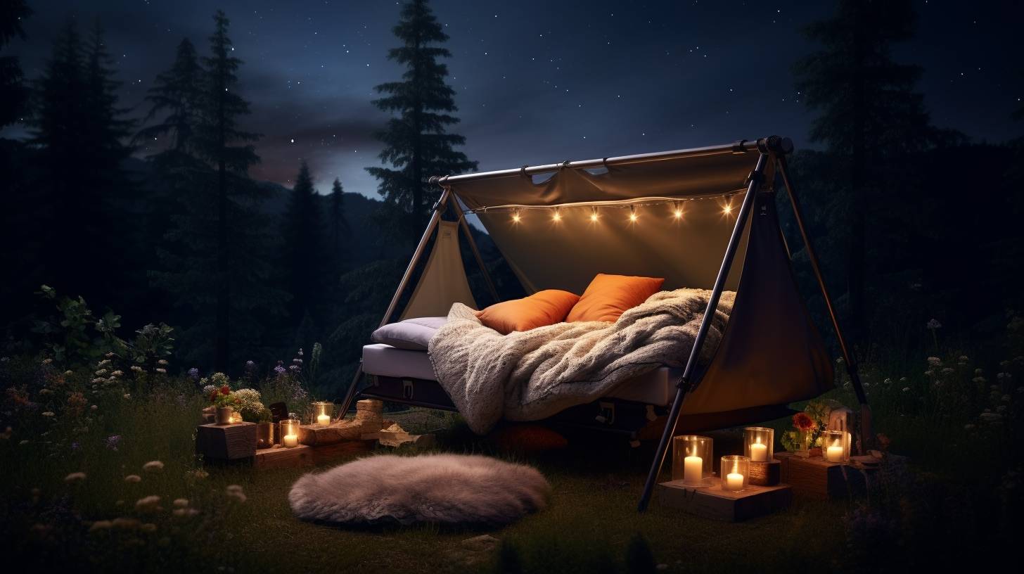 A cozy camping cot nestled under a star-filled sky, with a relaxed adult sleeper enjoying peaceful slumber amidst natures beauty.