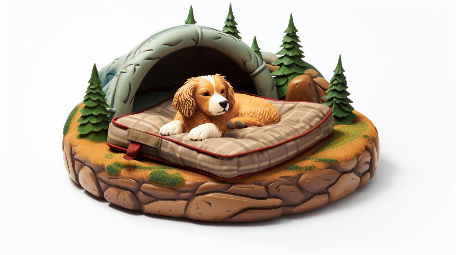 A cozy dog bed nestled amidst a picturesque campsite, inviting pups to experience ultimate comfort during camping adventures.