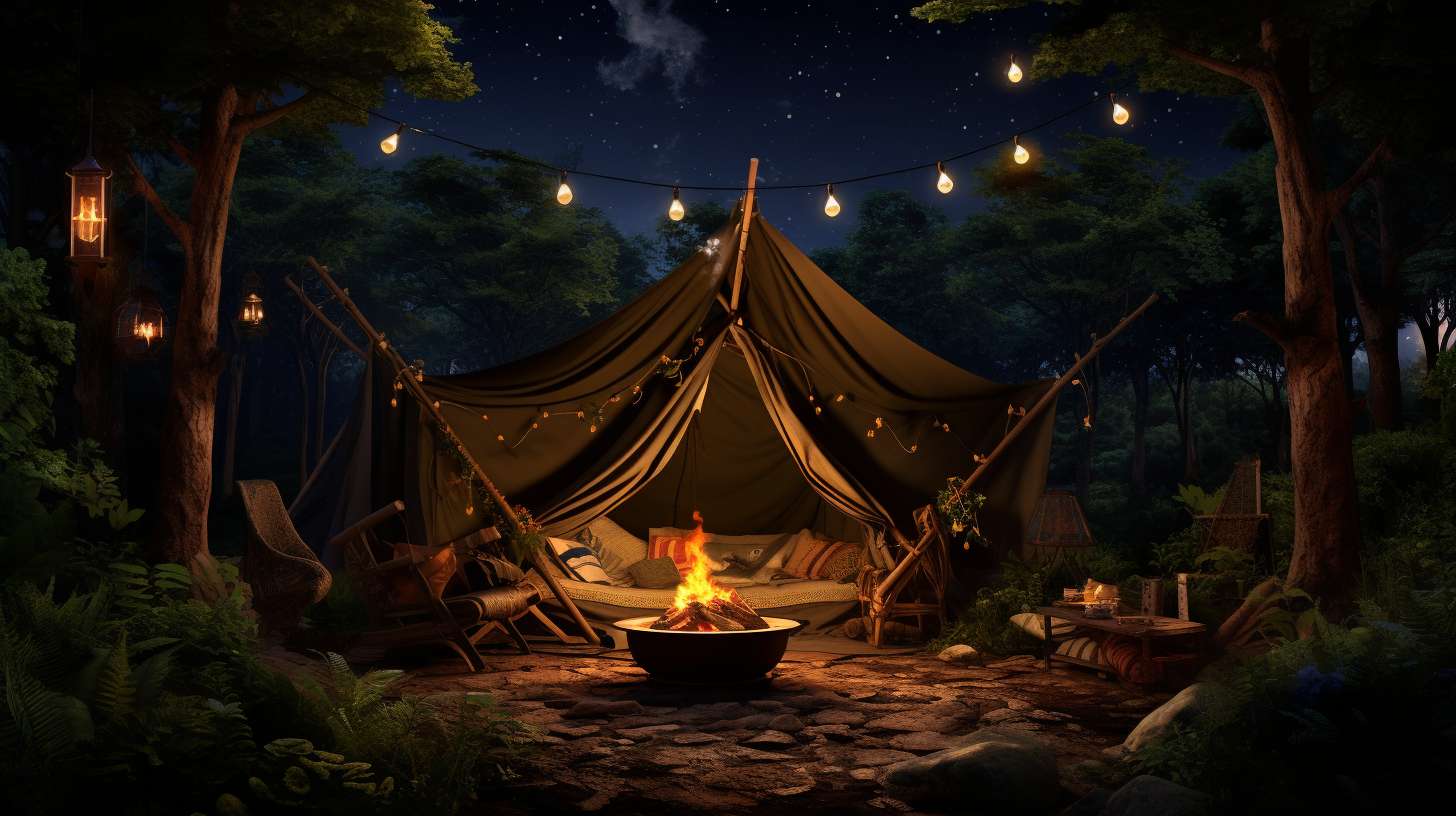 A cozy tent illuminated by a camping fan, surrounded by lush greenery and starry skies