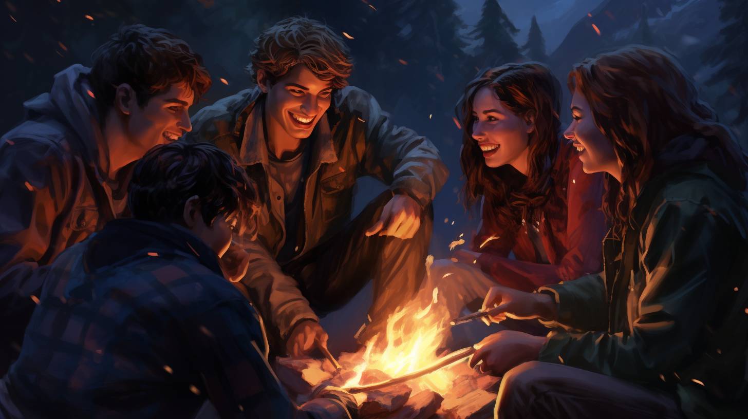 Group of friends huddled around a crackling campfire, laughing and competing in a lively game of charades under a starlit sky.