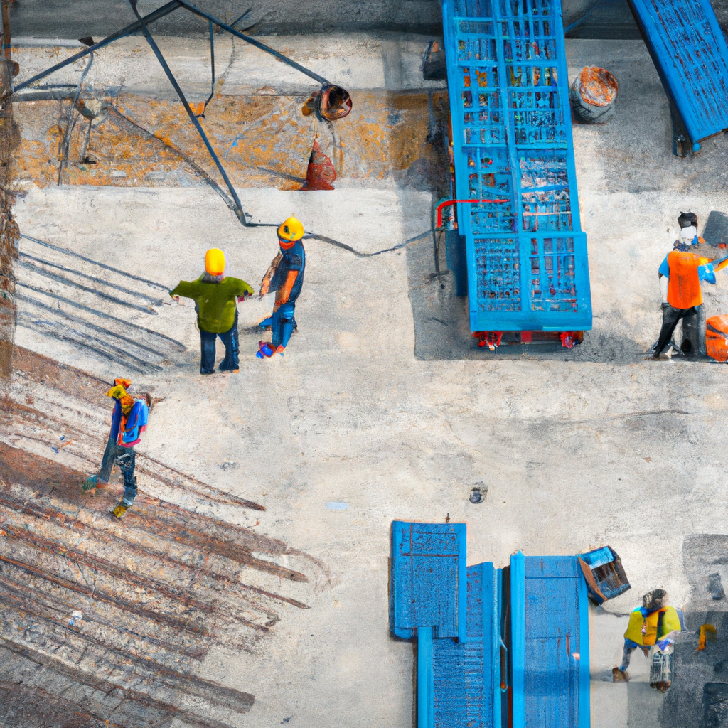 Construction site with workers efficiently managing work orders through a digital platform, effortlessly tracking progress, assigning tasks, and seamlessly communicating for smooth operations and timely project completion.