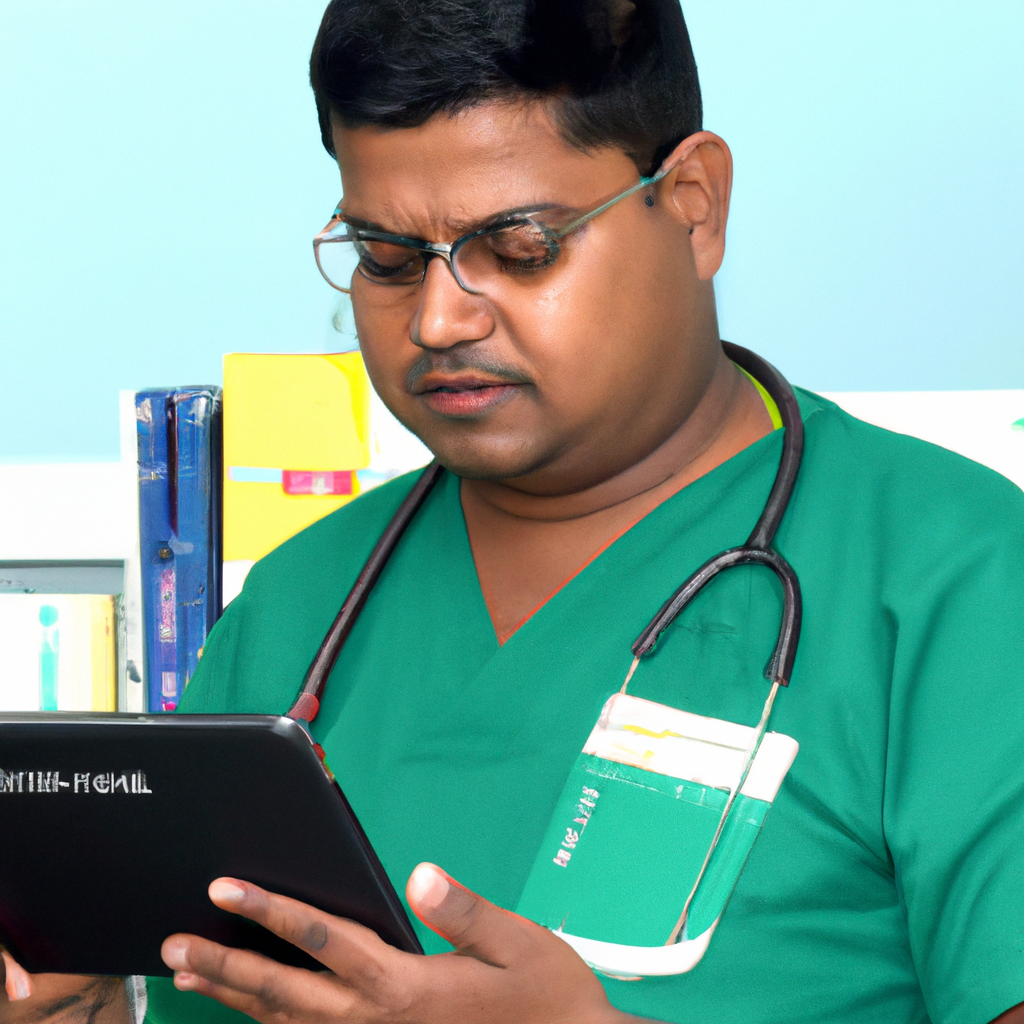 A healthcare professional using field service management software on a mobile device to schedule appointments, track medical equipment, and optimize workflow efficiency in a hospital setting.