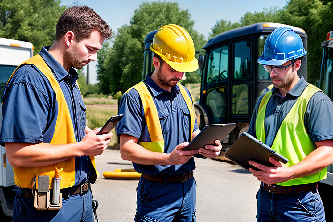 A busy field service technician surrounded by various factors to consider when choosing scheduling software, such as real-time tracking, optimized routes, mobile access, customer notifications, and seamless integration.