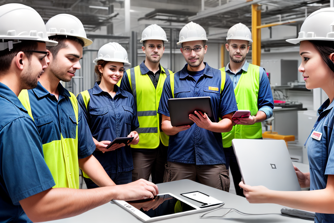 A diverse team of field service professionals using tablets and smartphones for efficient service operations.