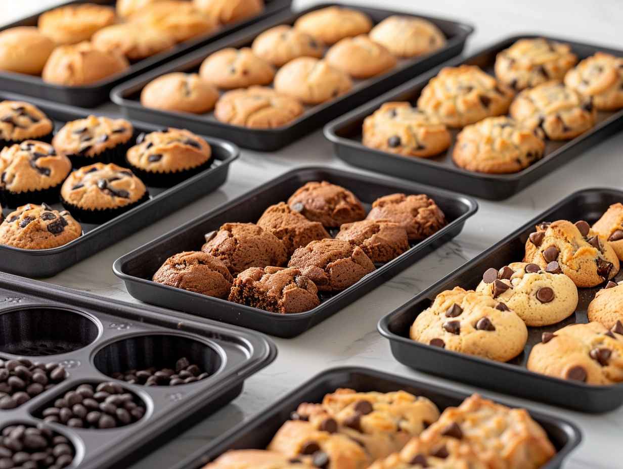 A variety of air fryer baking pans lined up, filled with golden brown cookies, muffins, and pastries, showcasing the perfect crispy texture achieved with each pan.