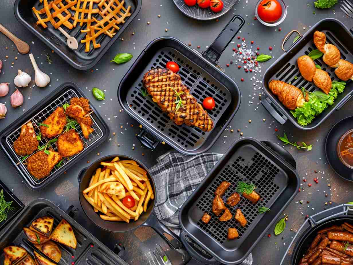 A variety of air fryer baskets showcasing different sizes, shapes, and designs, including stainless steel, mesh, and non-stick coatings.