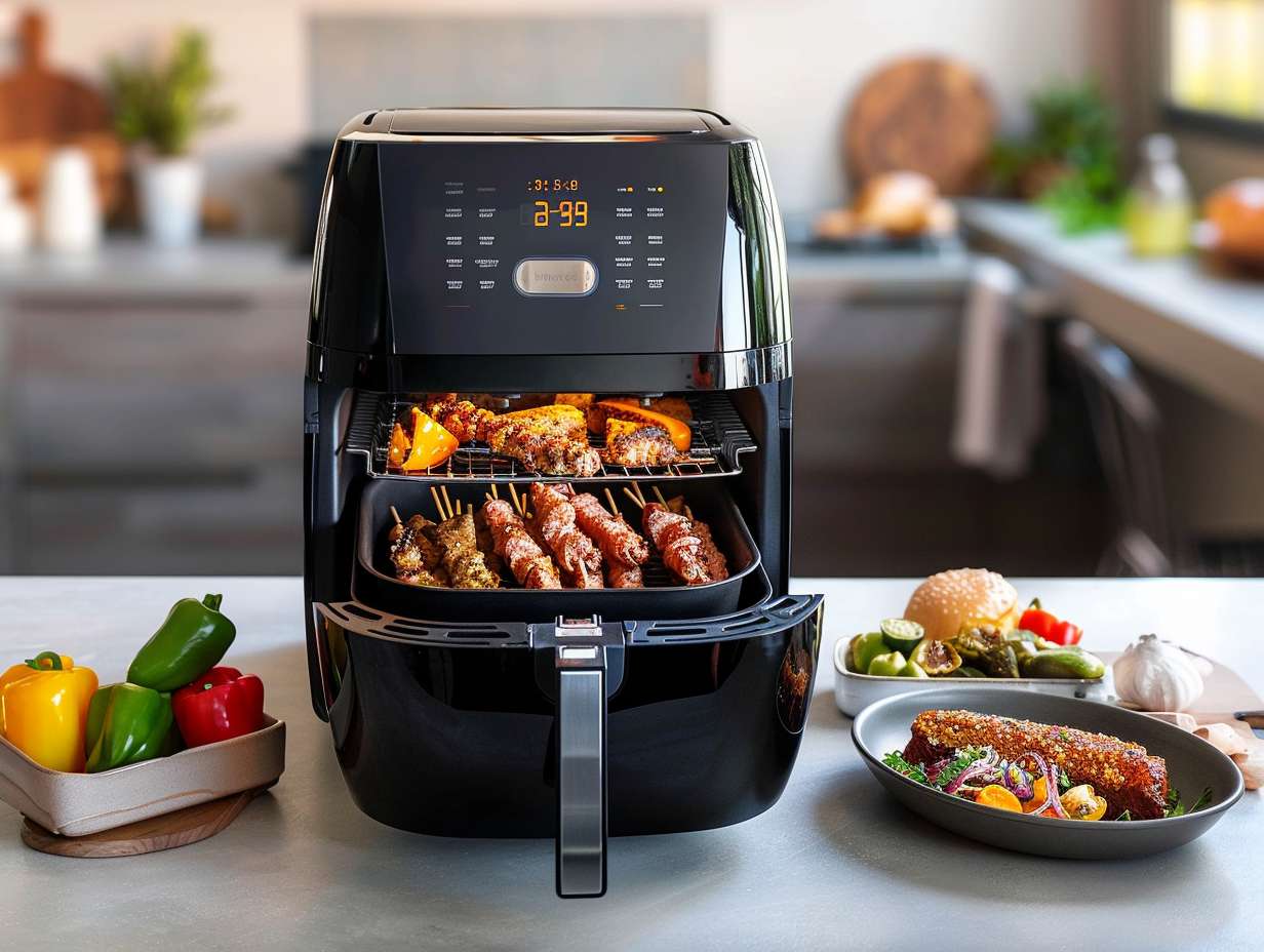 A 5 qt air fryer filled with a grill pan, baking dish, and skewers, showcasing their versatility and functionality for achieving crispy perfection.