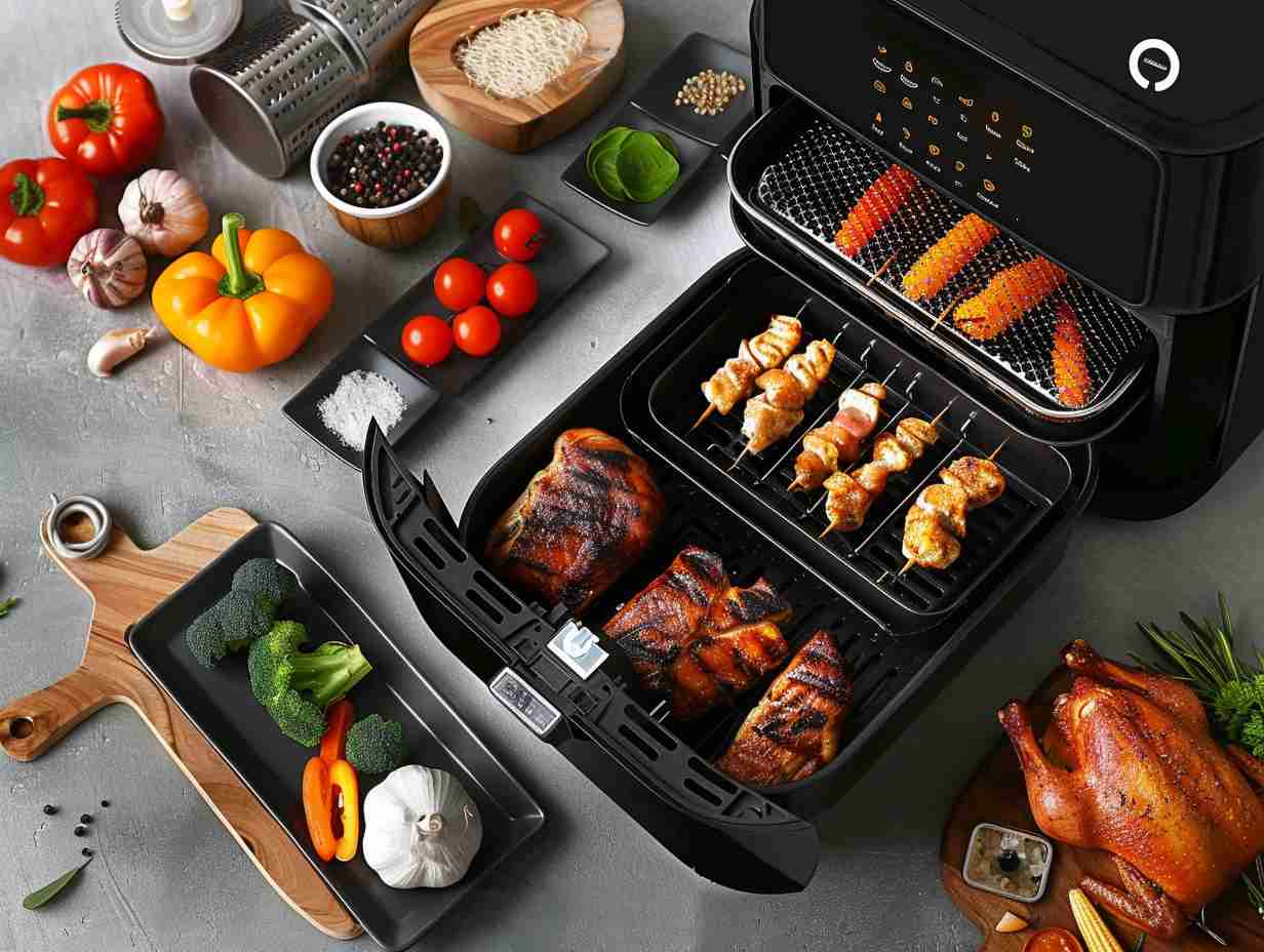 A 6 qt air fryer with baking pan, skewer rack, silicone mat, and various ingredients like vegetables and chicken.