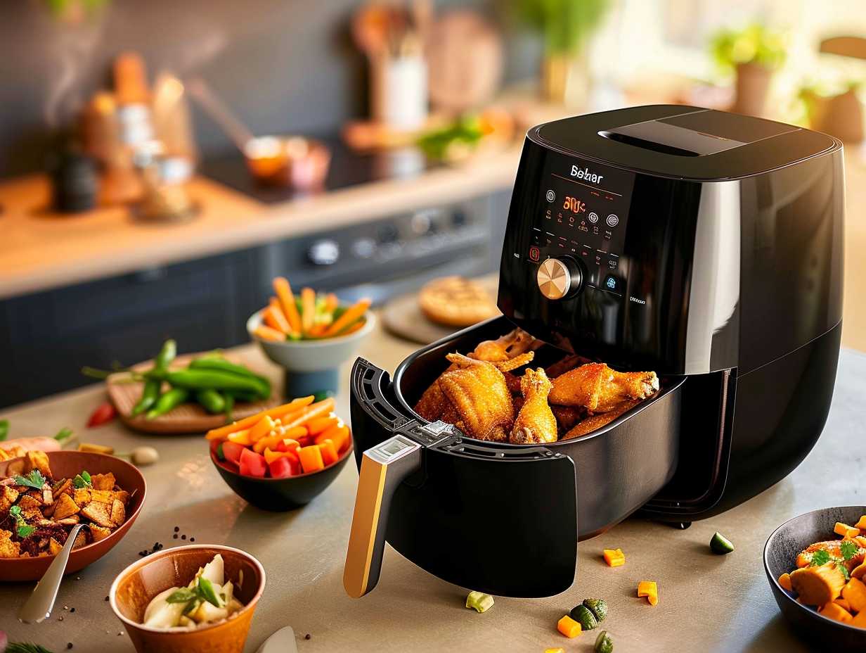 Black Decker air fryers cooking crispy vegetables, chicken wings, and sweet potato fries on a kitchen counter.