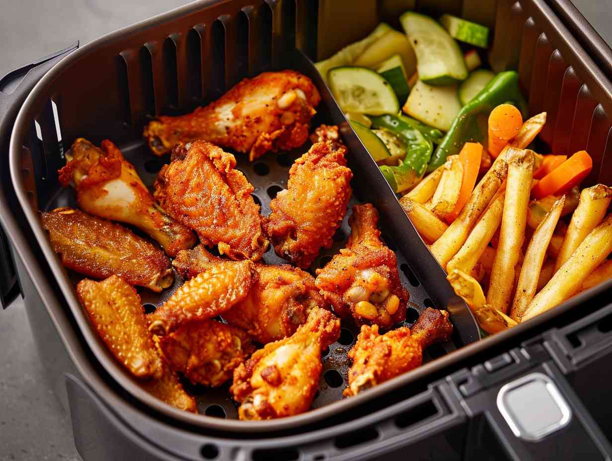 A golden-brown batch of air-fried fries, chicken wings, and vegetables on a sleek, non-stick air fryer basket liner