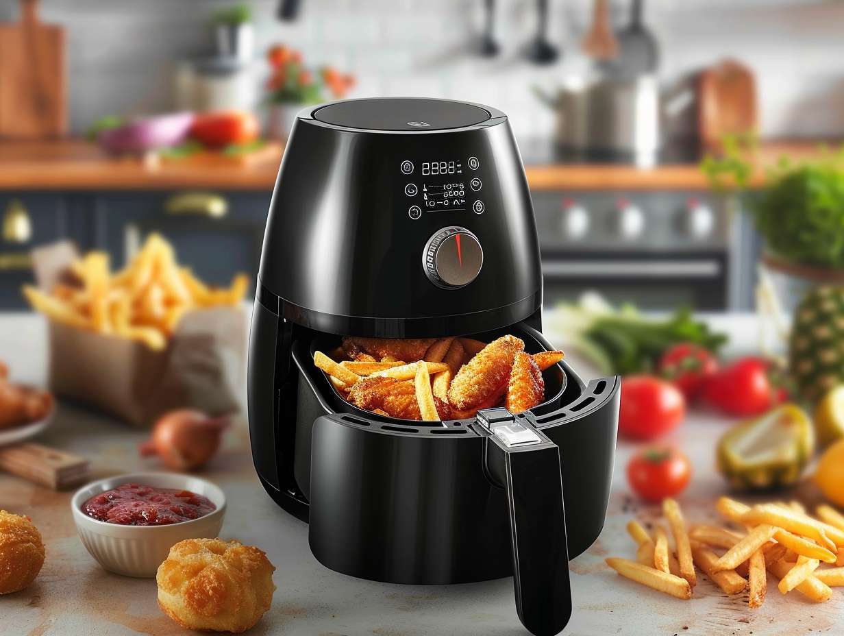 A sleek black Bella air fryer surrounded by sizzling hot french fries, crispy chicken wings, and golden onion rings, showcasing its versatility and delicious results.