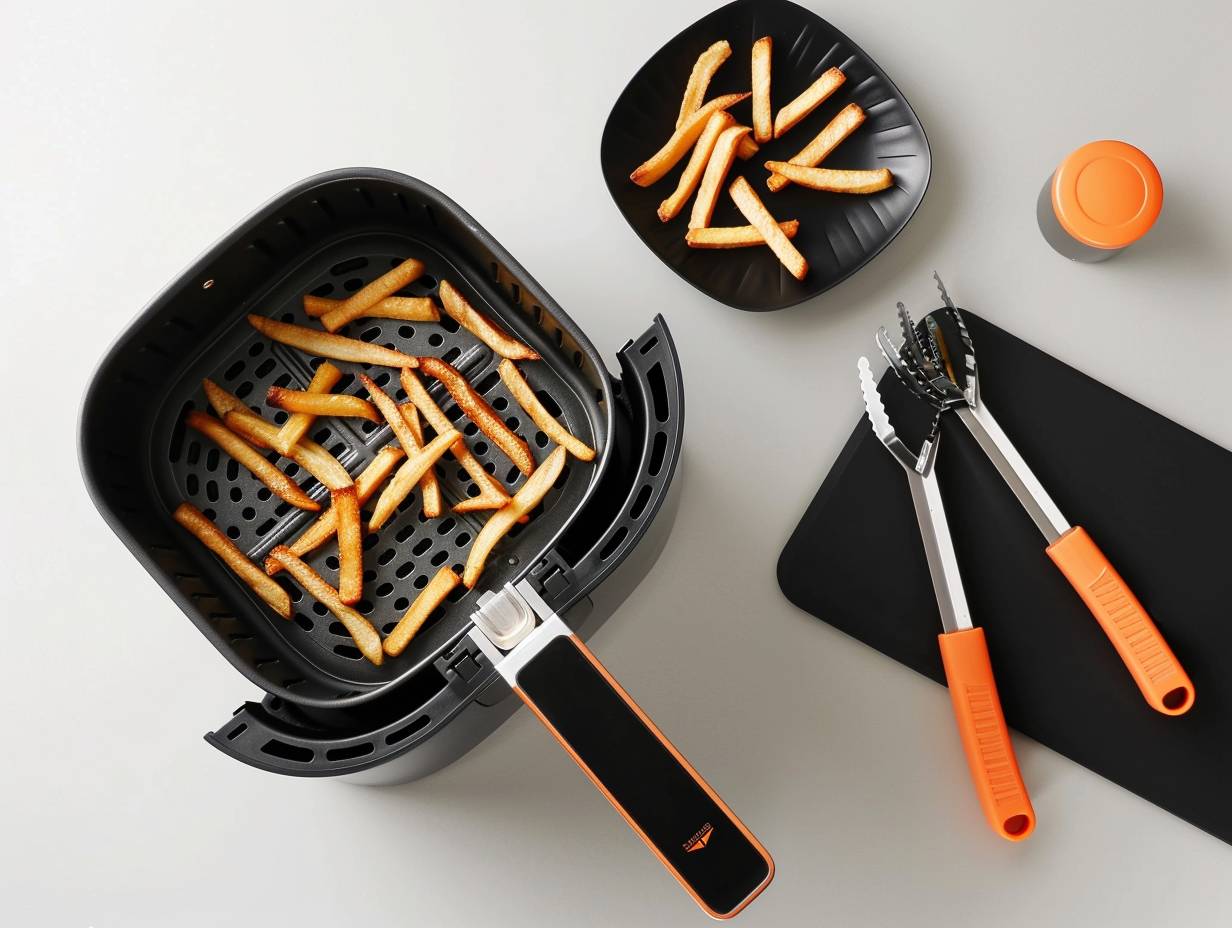 A photo of an air fryer basket filled with crispy fries, a silicone baking mat, a multi-purpose rack, and a pair of silicone tongs for flipping food.