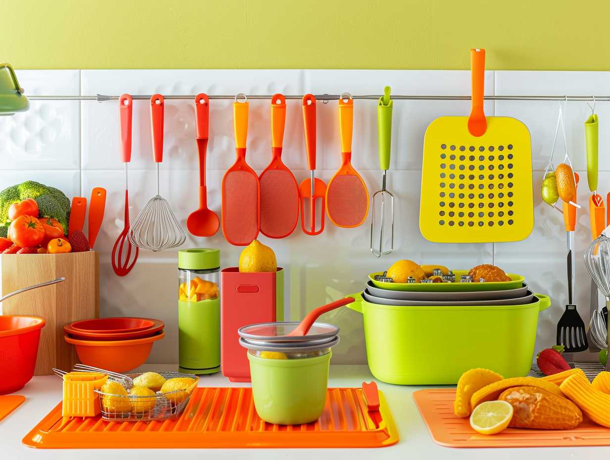 A variety of air fryer accessories including silicone mats, skewers, and racks displayed in a modern kitchen with vibrant colors and natural lighting.