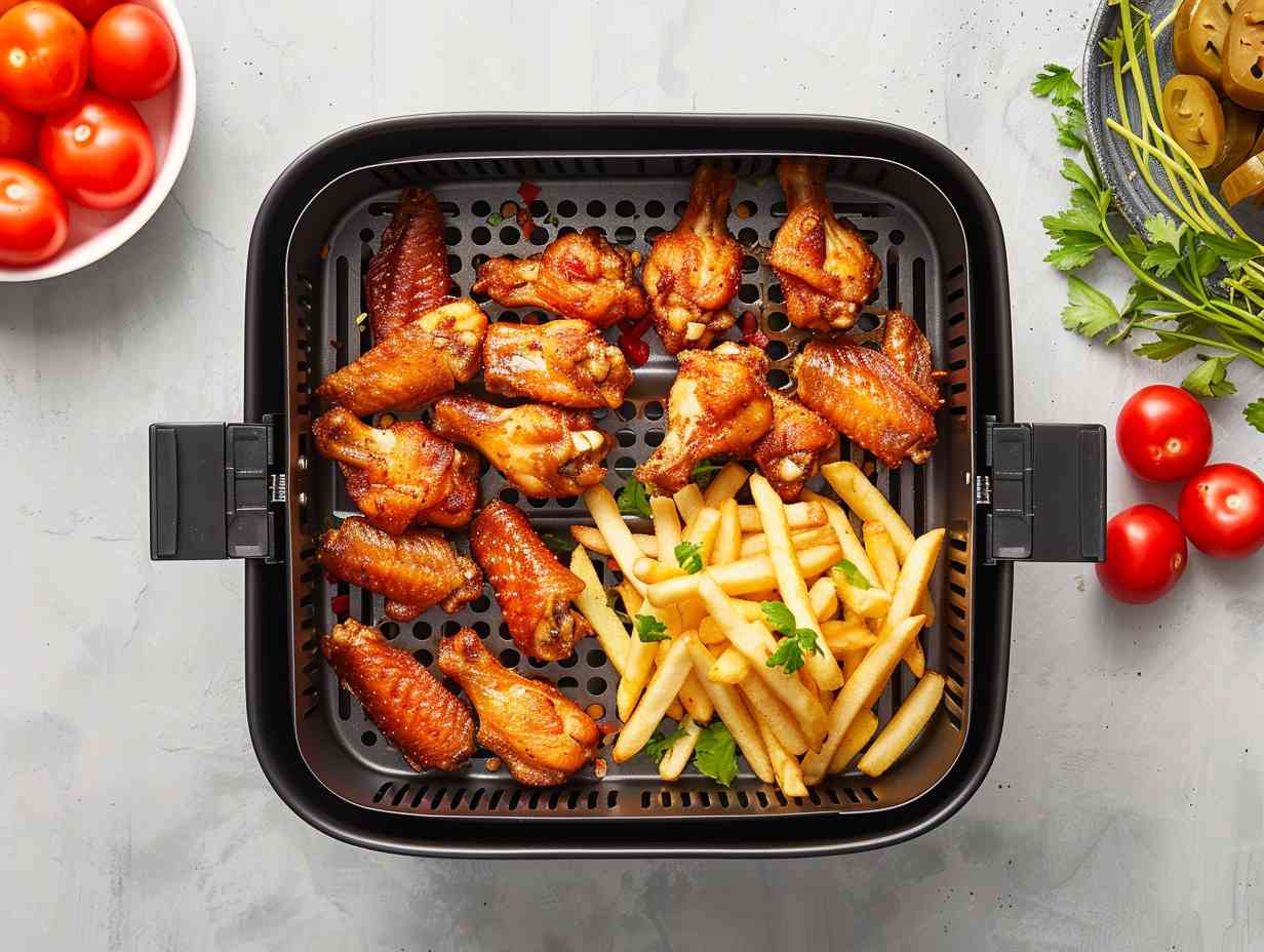 A sleek stainless steel air fryer basket replacement filled with crispy fries, golden chicken wings, and roasted vegetables.