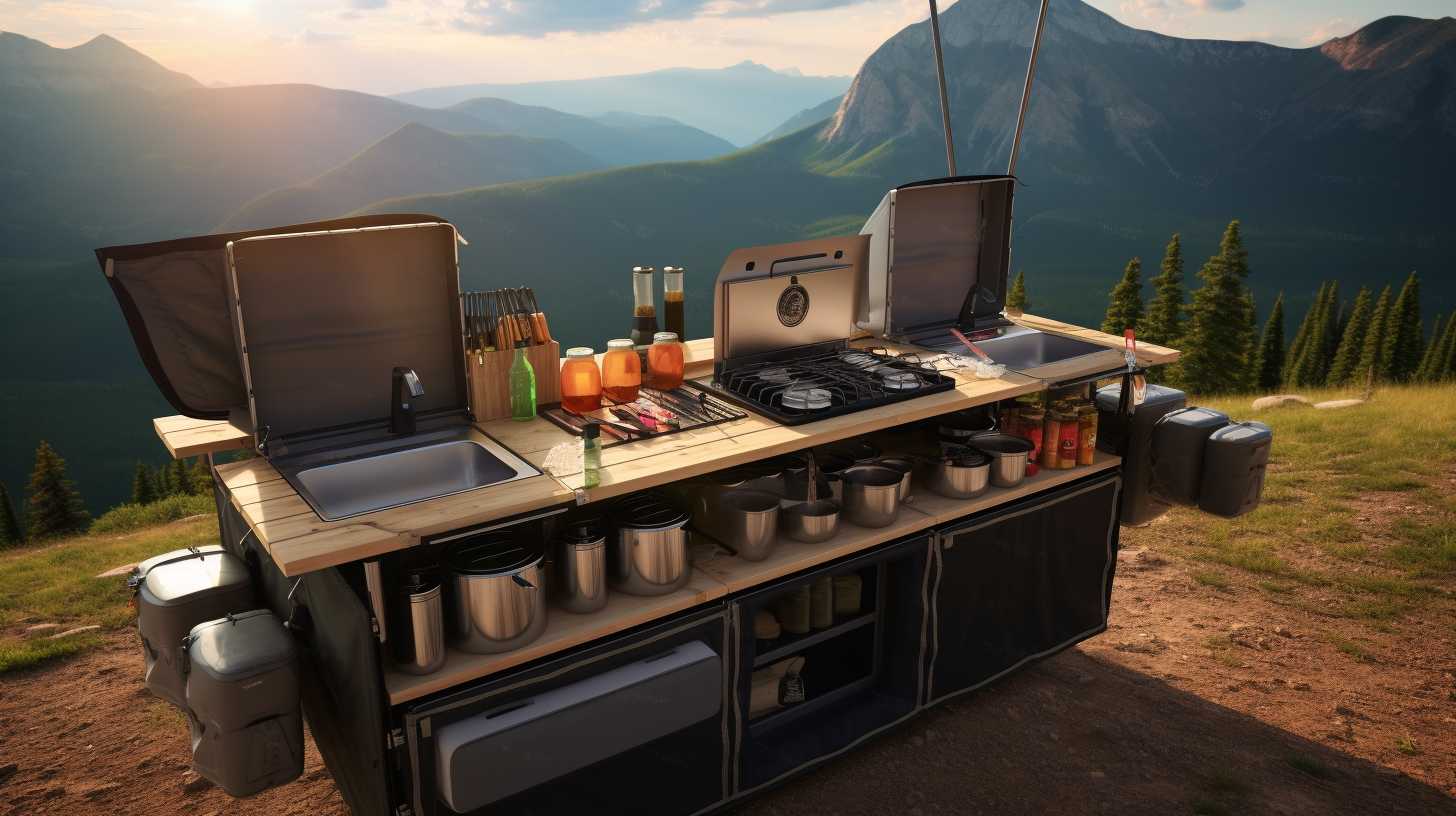 Three sleek and versatile camping kitchen stations nestled in a scenic outdoor backdrop