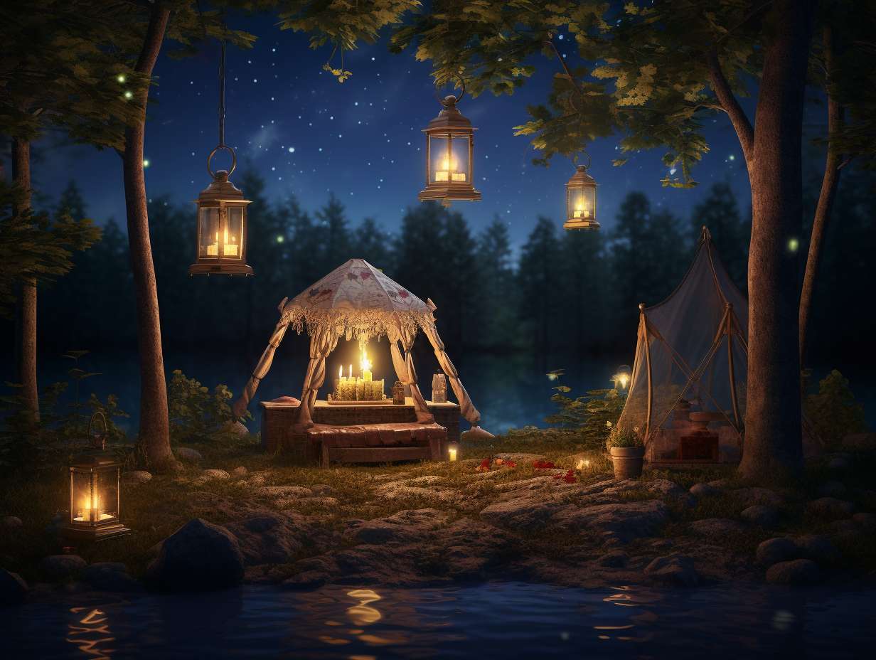 Three camping lamps casting a warm glow across a serene campsite under a starry night sky