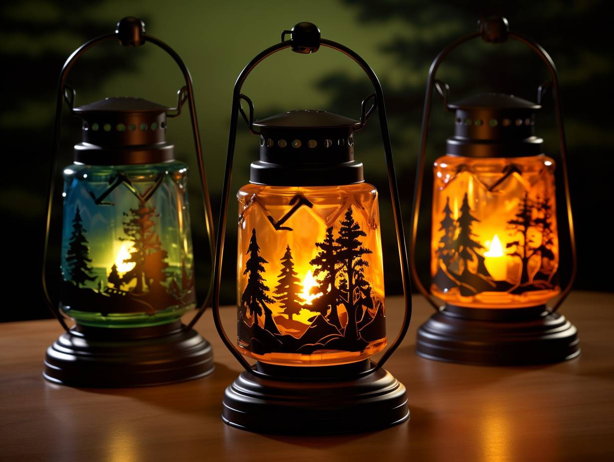 Three powerful camping lanterns casting a warm, radiant glow on a serene campsite nestled amidst tall pine trees