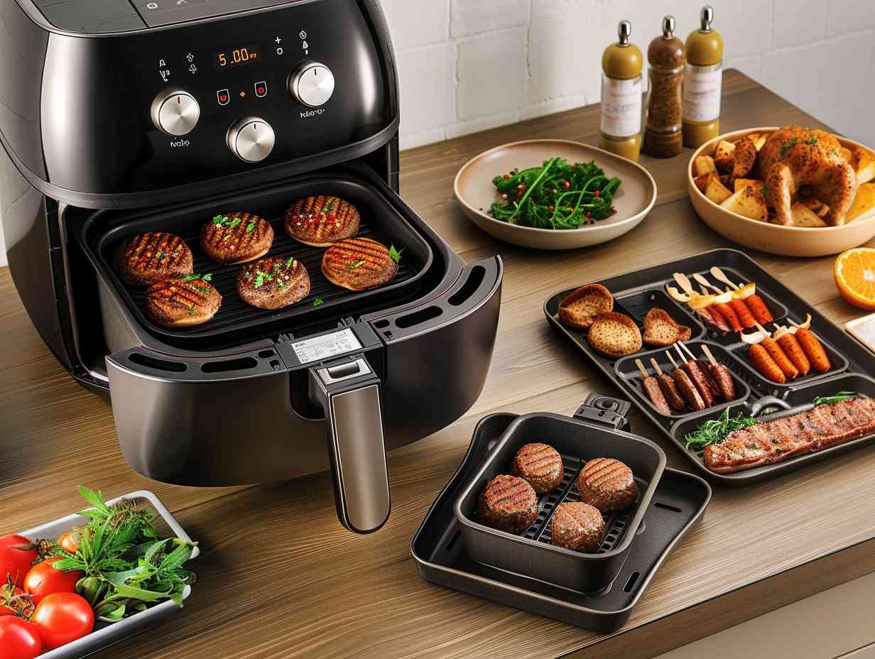 A 5-quart air fryer with silicone baking cups, non-stick grill pan, and multi-purpose rack for versatile cooking options.