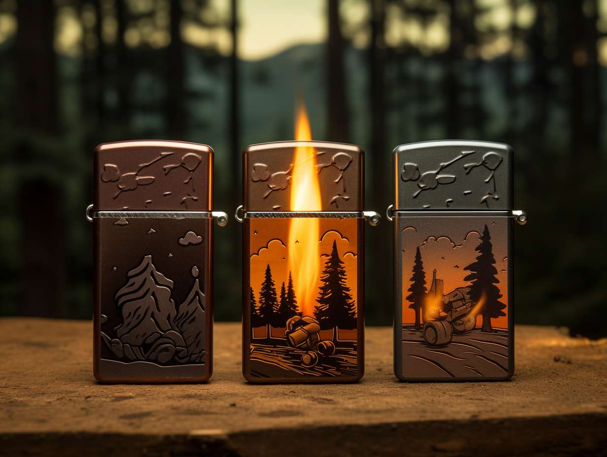 Four different camping lighters arranged on a wooden table against a backdrop of a scenic campsite and bonfire