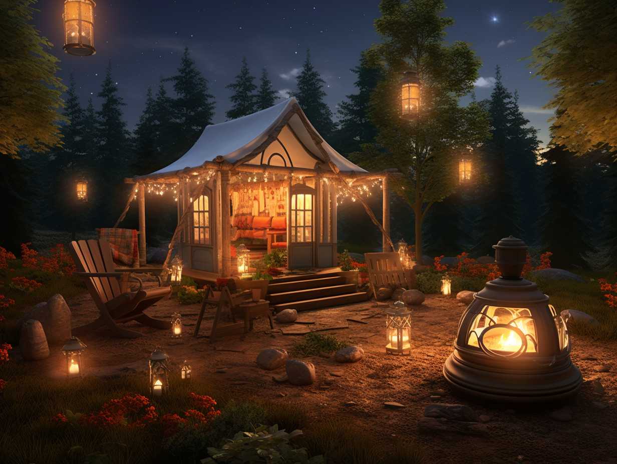 A cozy campsite at twilight with four different lanterns casting a warm glow.