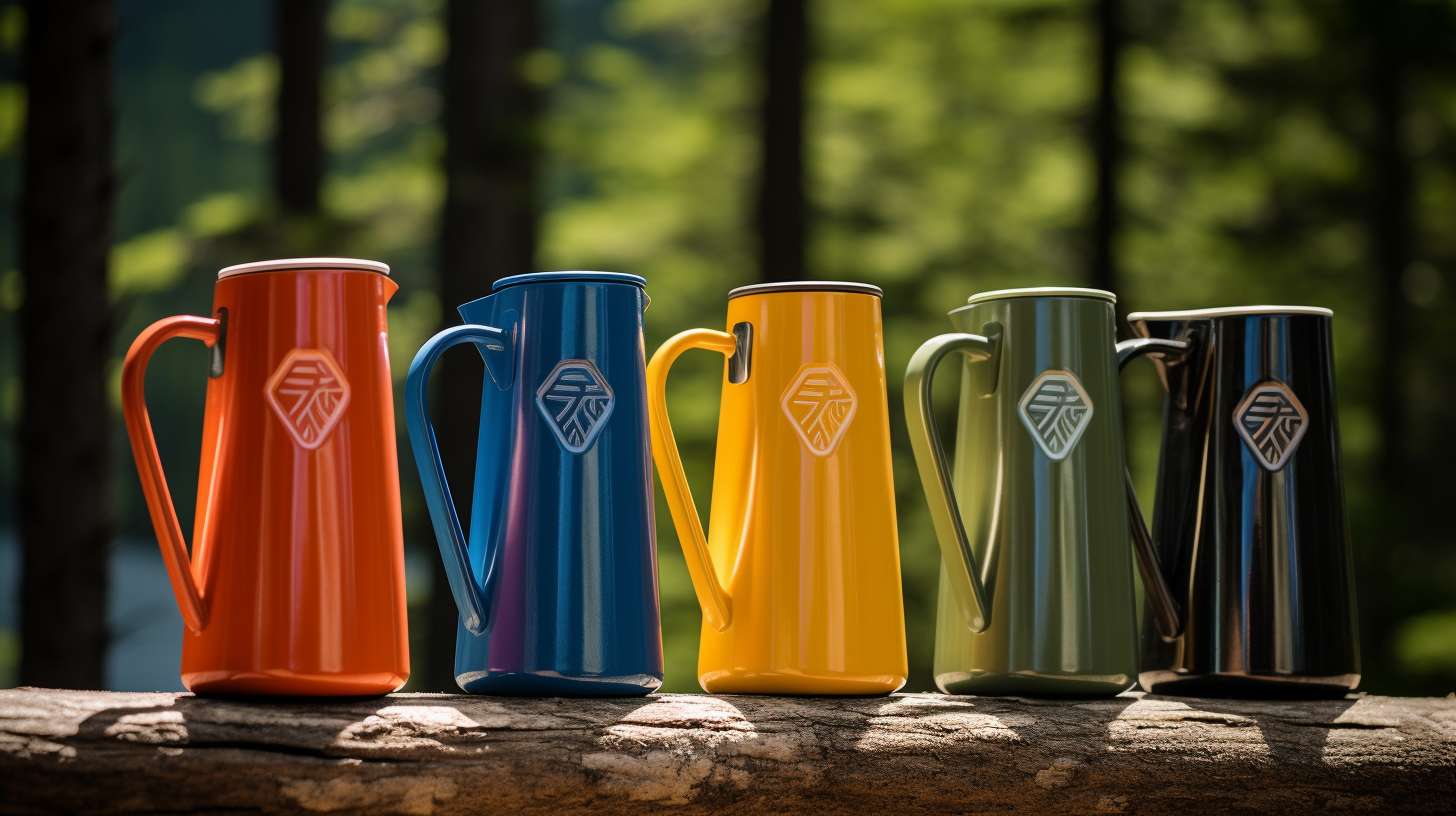 Five colorful and durable camping jugs in a forest setting, each highlighting a unique feature for outdoor hydration needs.