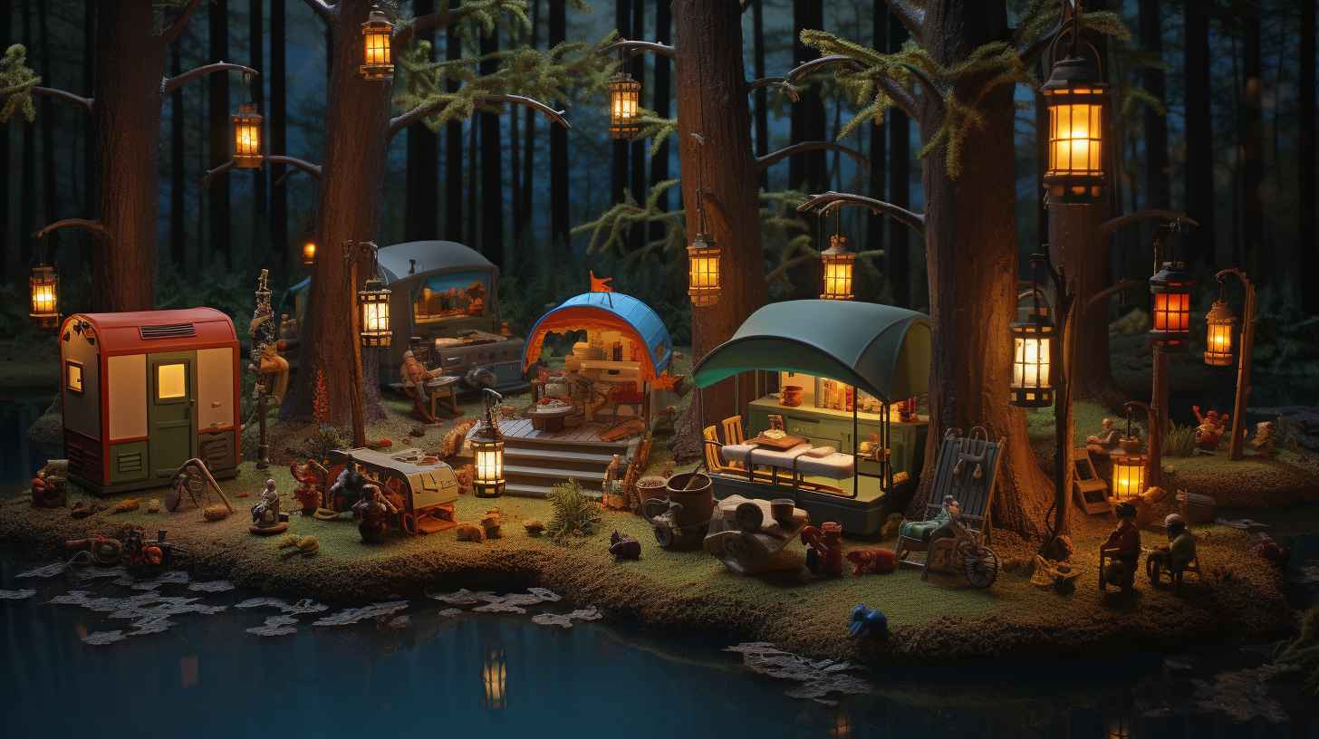 A picturesque campsite at dusk, surrounded by dense forest, with eight vibrant rechargeable camping lanterns casting a warm, inviting glow across the scene.