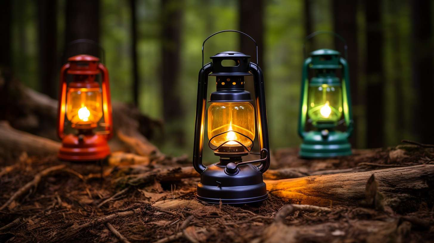 Four sleek and compact battery-powered LED camping lanterns casting a warm and vibrant glow in a lush forest.