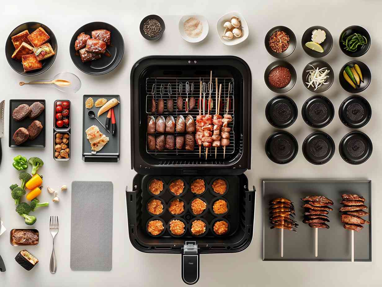 A 4-quart air fryer surrounded by various accessories including baking pans, grilling racks, skewers, and silicone mats.
