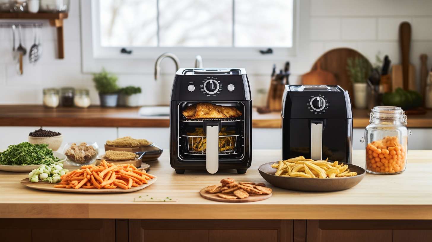 Two air fryers side by side, one with a 5-quart capacity and the other with an 8-quart capacity, showcasing contrasting colors and clear size differences.