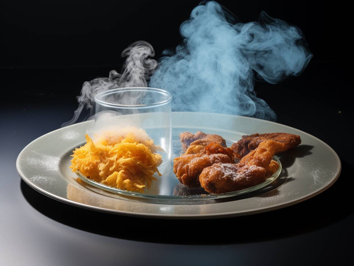 Two side-by-side plates, one with air fried food emitting minimal smoke and the other with deep fried food emitting heavy smoke, representing varying levels of acrylamide.