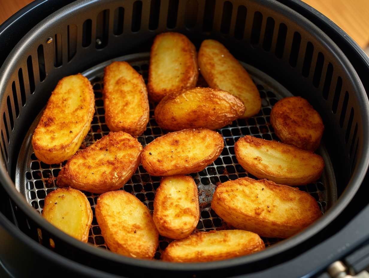 Comparison of food items cooked in an air fryer (left) and deep fryer (right), showcasing minimal browning and crispiness in the air-fried version and darker, greasier appearance in the deep-fried one.