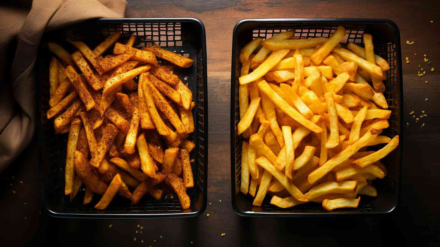 Two crispy, golden-brown French fries - one cooked in an air fryer and the other in a deep fryer, showcasing contrasting textures and hues in the Acrylamide Air Fryer Vs Deep Fryer debate.