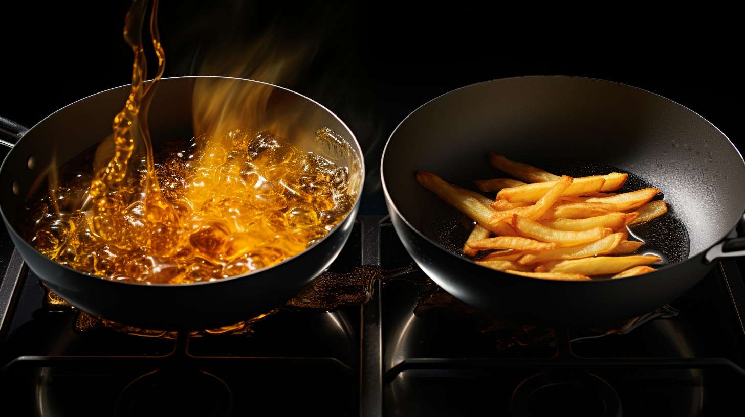 Side-by-side comparison of two frying pans. On the left, golden crispy fries cooked in an air fryer with minimal smoke. On the right, darkened fries submerged in bubbling oil from a deep fryer, highlighting potential high acrylamide levels.