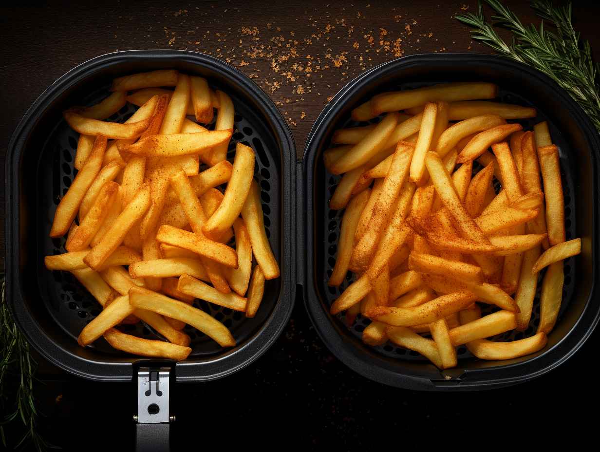 Two batches of golden, crispy french fries side by side - one cooked in an Actifry Air Fryer and the other in a standard Air Fryer, showcasing contrast in texture and color.