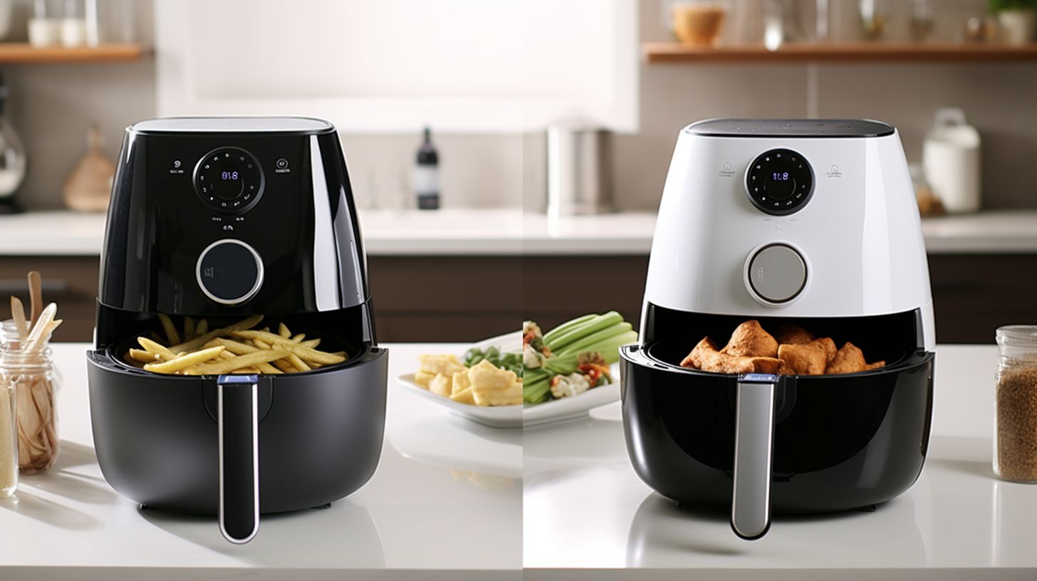 Two sleek modern kitchen appliances side by side on a countertop - the Actifry Air Fryer with a black and silver design contrasting with the Air Fryers white and chrome aesthetic.