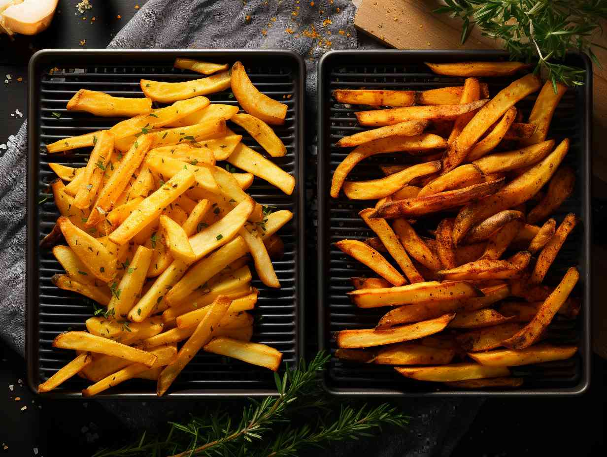 Comparison of an air fryer and an oven - crispy golden batch of fries emerging from the air fryer, while a succulent roasted chicken emerges from the oven.