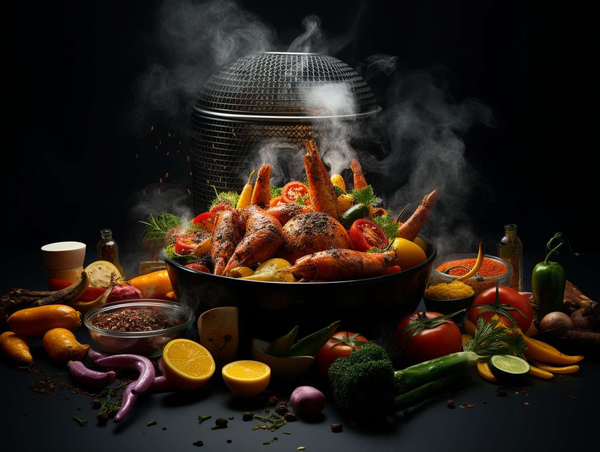 A vibrant collage of various ingredients, including vegetables, meat, and desserts, being cooked to perfection in an air fryer and oven.