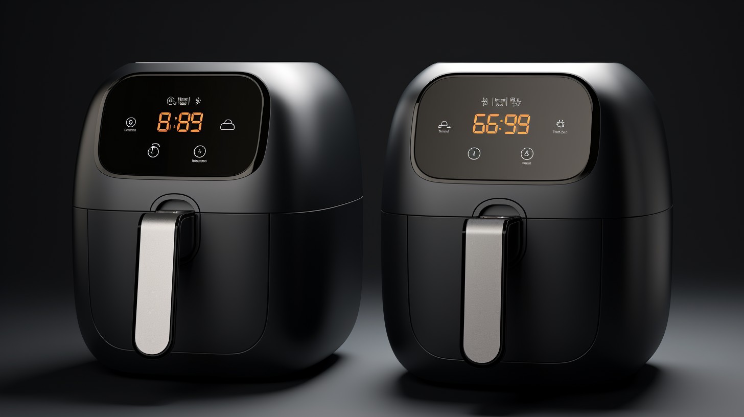 A side-by-side comparison of an analog air fryer and a digital air fryer. The analog air fryer features dials for temperature and time control, while the digital air fryer showcases buttons and a digital display for precise settings.