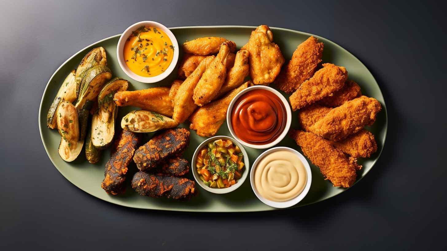 A platter of golden, crispy air-fried appetizers including chicken wings, zucchini fries, and cheesy jalapeno poppers, served with vibrant dipping sauces.