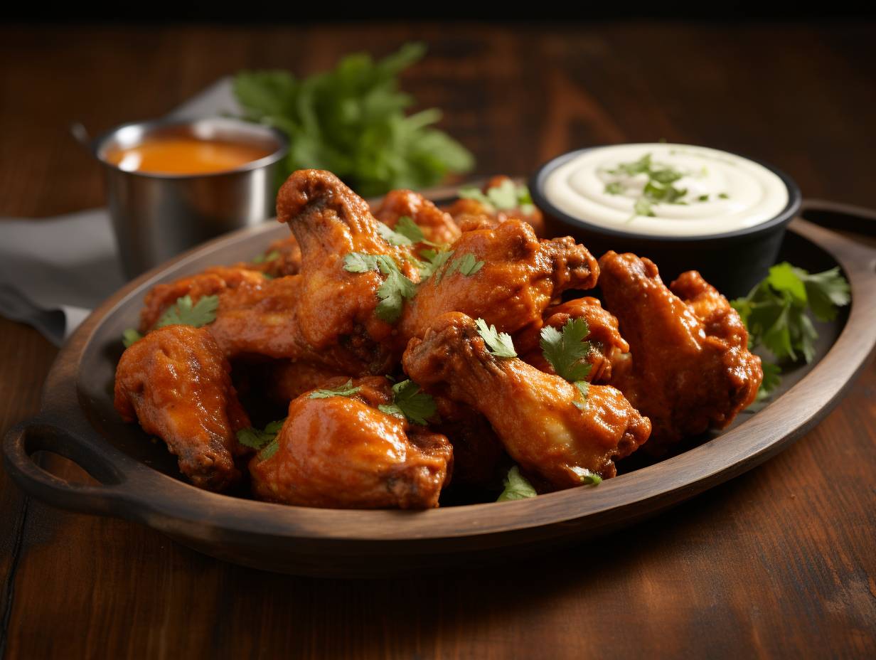 Golden crispy chicken wings coated in tangy buffalo sauce, garnished with fresh cilantro and served with creamy ranch dressing for dipping.