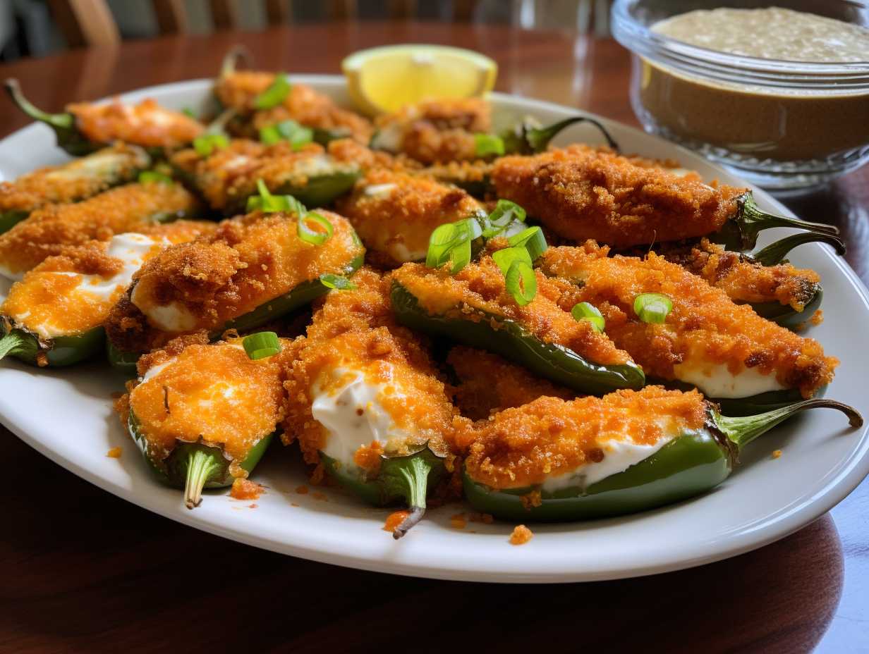 A platter of golden-brown Spicy Jalapeno Poppers, oozing with melted cheese and sprinkled with zesty seasoning. The poppers are beautifully arranged, enticing readers to explore delicious air fryer appetizer ideas.