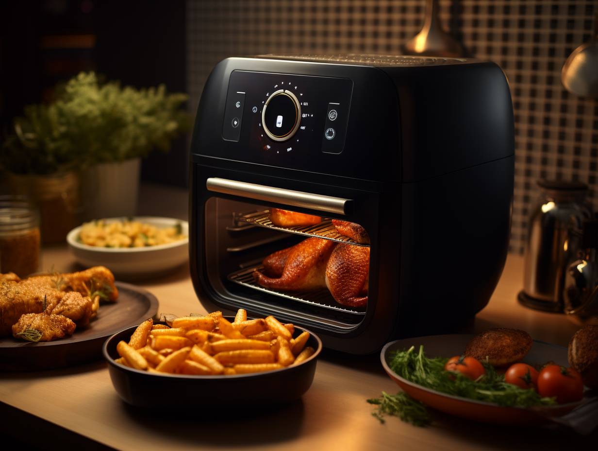 Comparison of energy efficiency between an air fryer and an oven, with the air fryer emitting minimal heat and low wattage, while the oven radiates intense heat and high wattage.