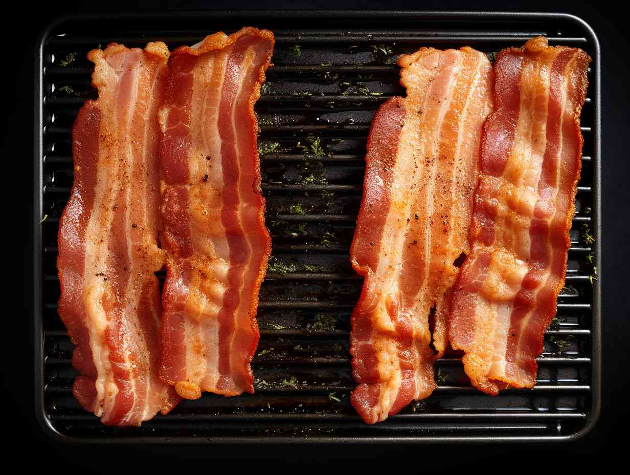 Two strips of bacon side by side, one with a delicate crispness from air frying and the other with mouthwatering tenderness from pan frying.