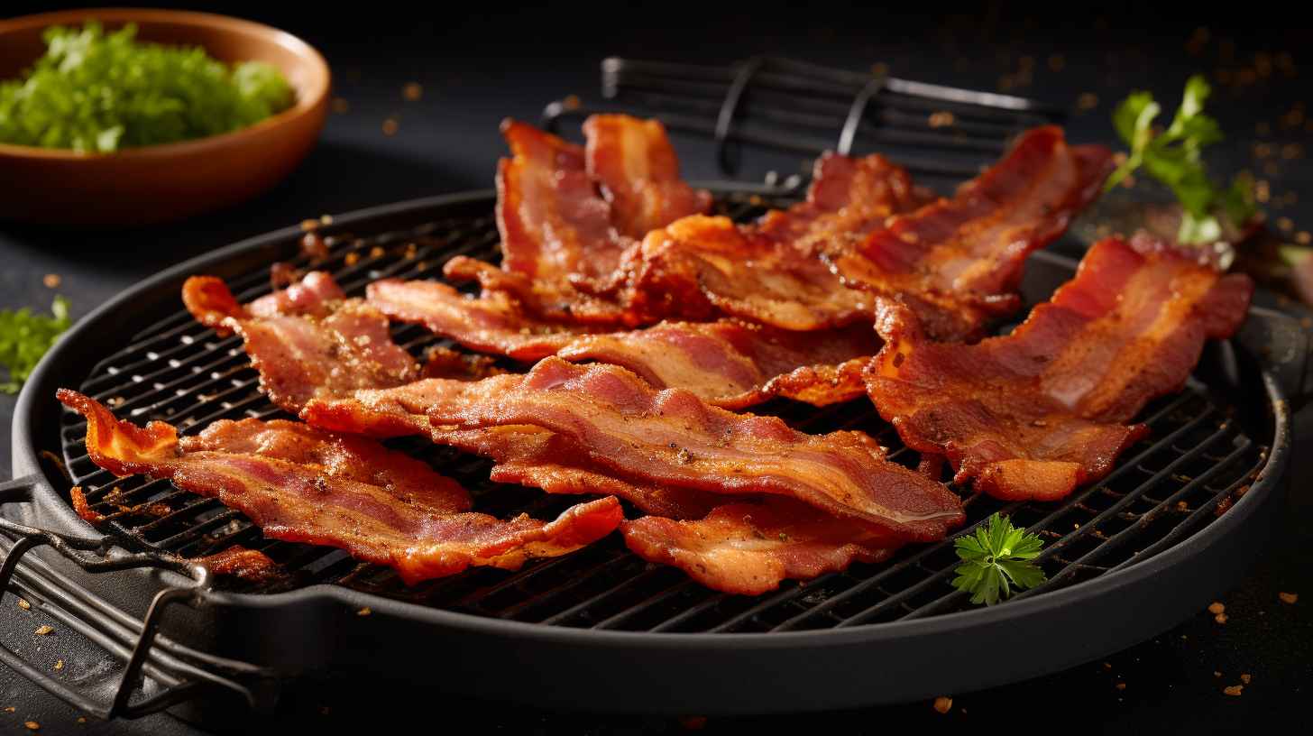 A mouthwatering image showcasing sizzling, golden-brown air fryer bacon and rich, caramelized pan-fried bacon, enticing readers with contrasting textures and savory aromas.