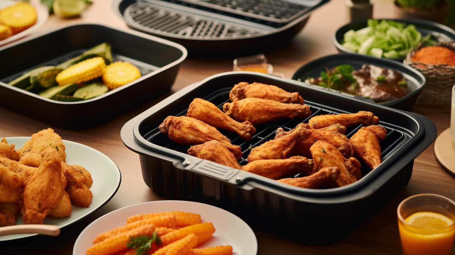 A variety of freshly cooked foods, including crispy fries, chicken wings, and vegetable skewers, beautifully arranged on silicone molds as an alternative to air fryer baskets.