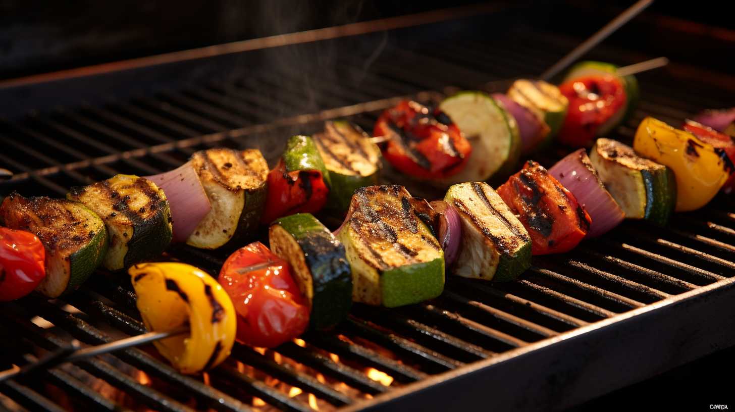 A sizzling array of perfectly grilled veggies and succulent skewered meats, expertly cooked on grill grates, showcasing tantalizing char marks.