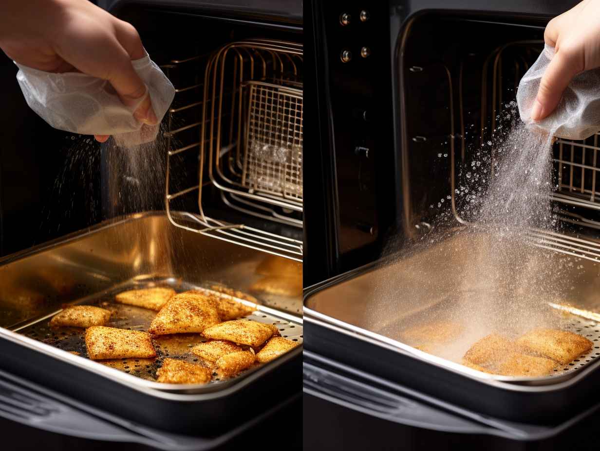 A comparison image showing a spotless air fryer basket being rinsed under running water effortlessly, while an oven requires scrubbing hard-to-reach corners.