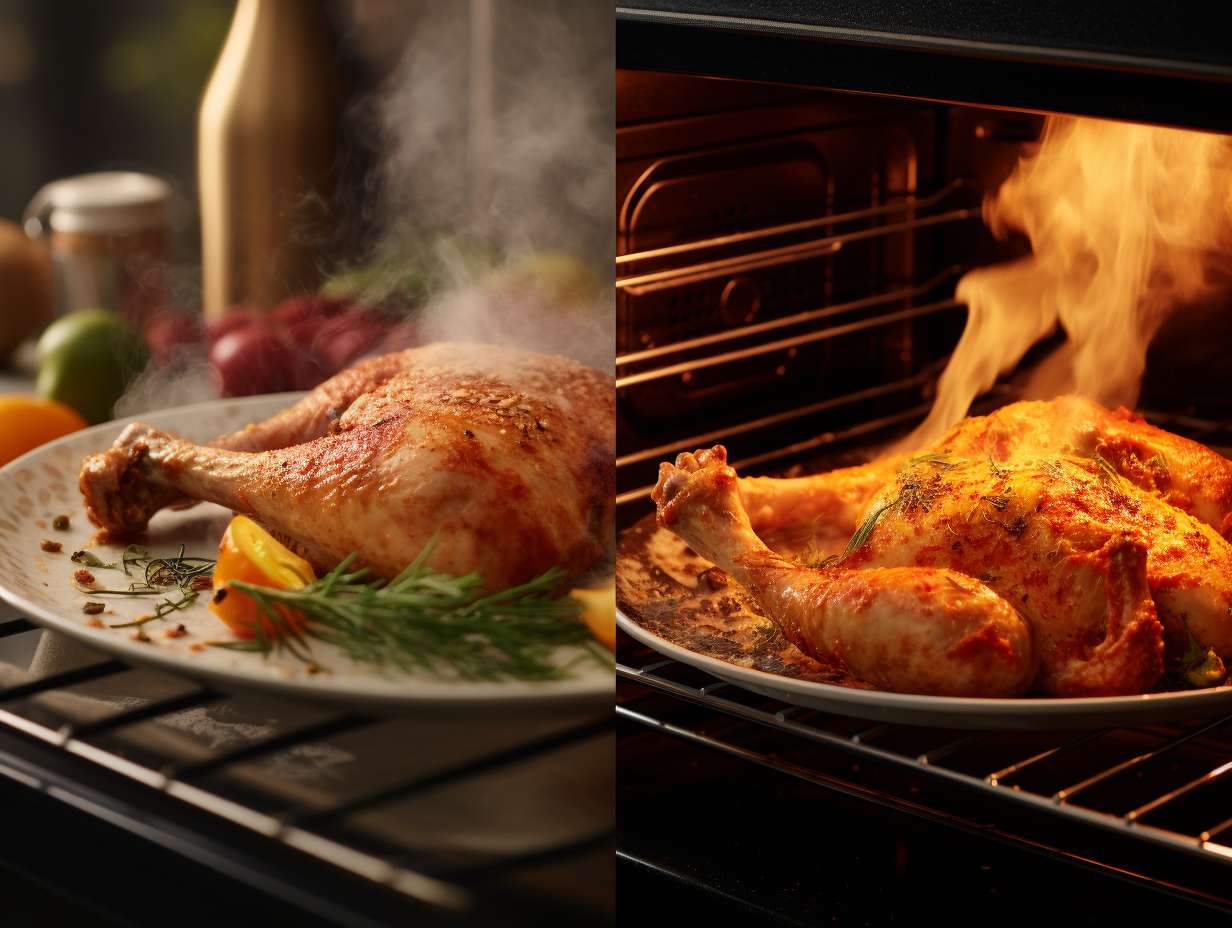 Succulent chicken being cooked in an air fryer on the left, sizzling pizza emerging from a traditional oven on the right.