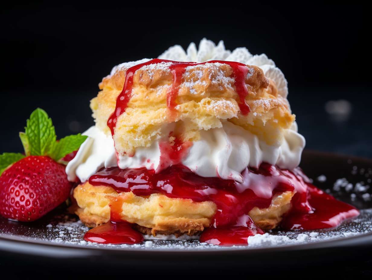 Golden-brown biscuit split in half with strawberry compote filling, topped with vanilla ice cream and powdered sugar