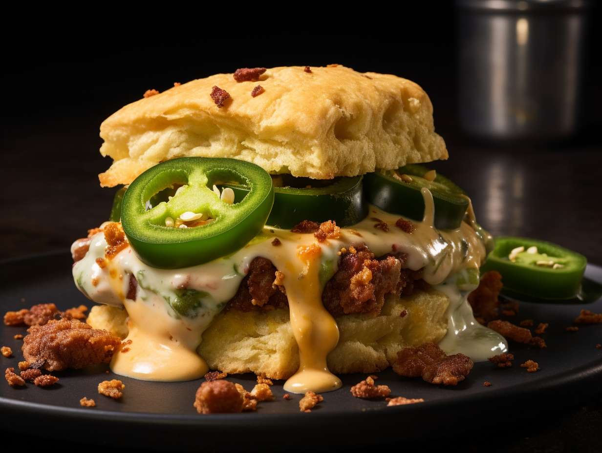 A golden, flaky biscuit split in half, revealing a luscious layer of creamy avocado spread topped with tangy pickled jalapeños, smoky bacon crumbles, and a sprinkle of zesty lime zest.